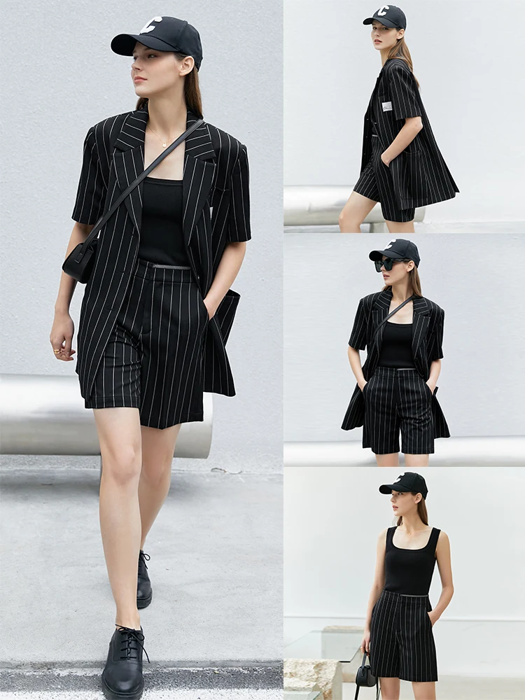 Amii Minimalist Suit Jacket for Women Summer Short Sleeve Striped Blazer Coat Casual Shorts Pants Office Lady Blazers 12240114