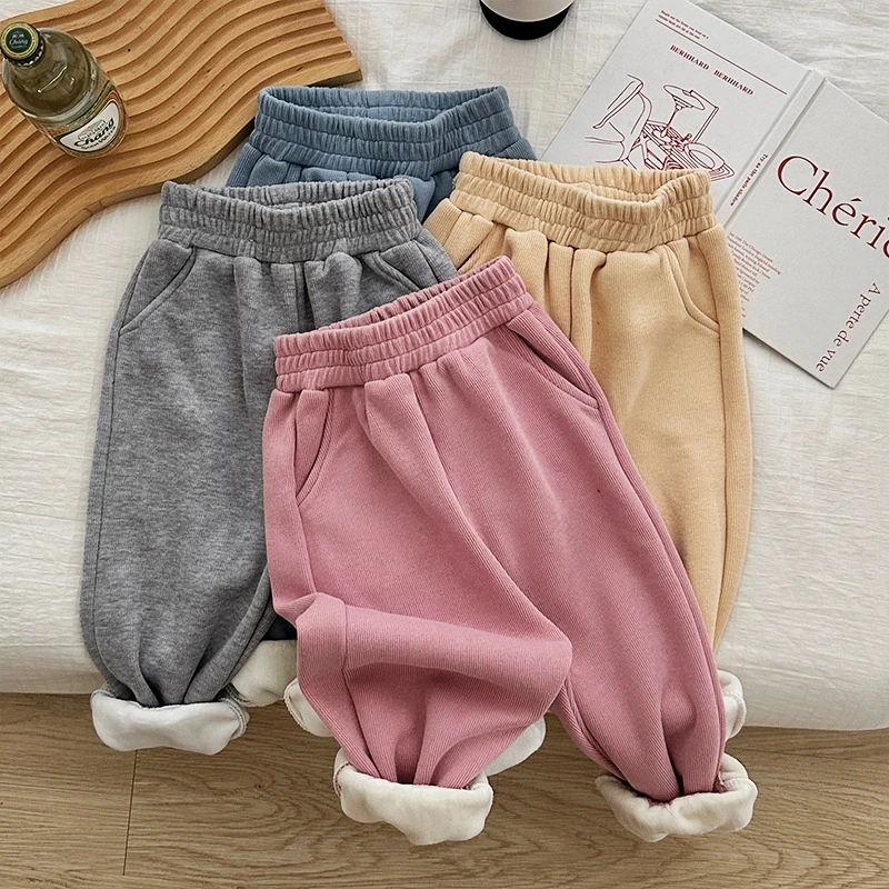 K22382 الفتيات صوف مبطن السراويل الخريف الشتاء الرياضة في الهواء الطلق Sweatpants الطفل سميكة المتكاملة المخملية السراويل الدافئة