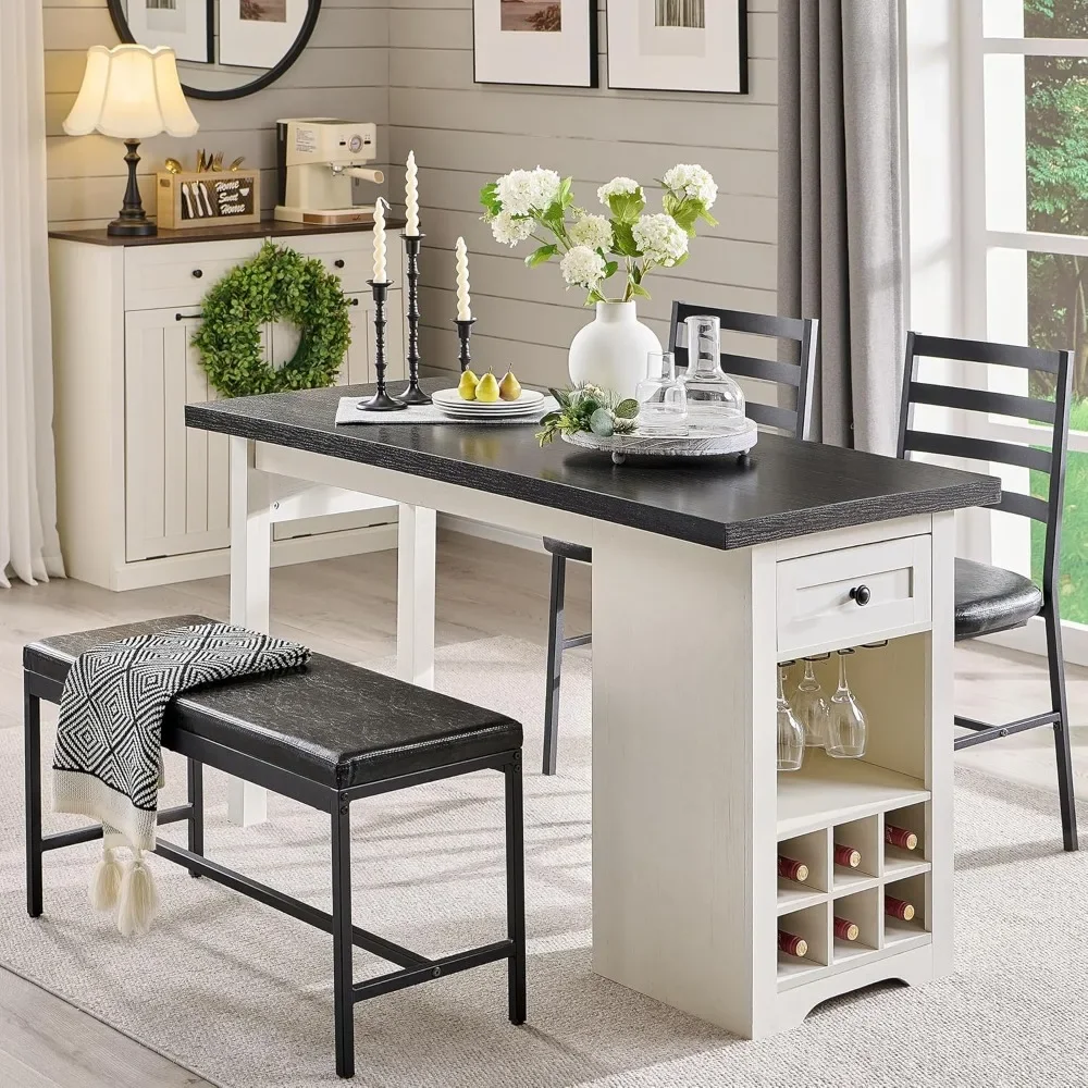 Farmhouse Dining Table Set for 4, 55" Large Kitchen Table Set with 2 Chairs and Bench Rustic Wood Dining Bar Table