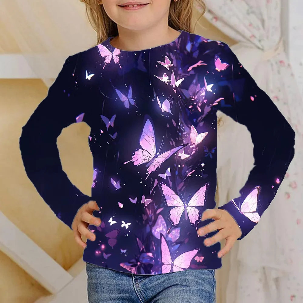 T-shirt à manches longues pour fille de 4 à 12 ans, vêtement noir brillant avec papillon, mode automne 2023