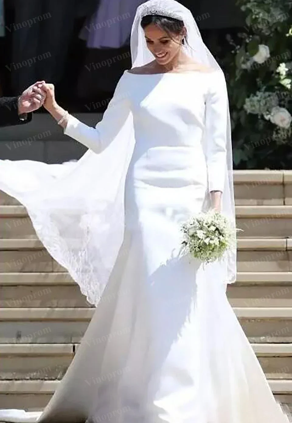 فساتين زفاف بيضاء مخصصة باتو 3/4 كم طويل سويب تراين بسيط حديقة مصلى زي العرائس Vestido De Novia #3