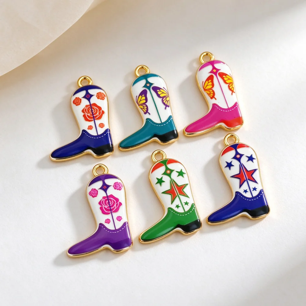 4 Pcs Pendants Brass Enamel Western Cowboy Boot Charms Rose Butterfly Star Pattern DIY Jewelry Accessories for Necklace Bracelet