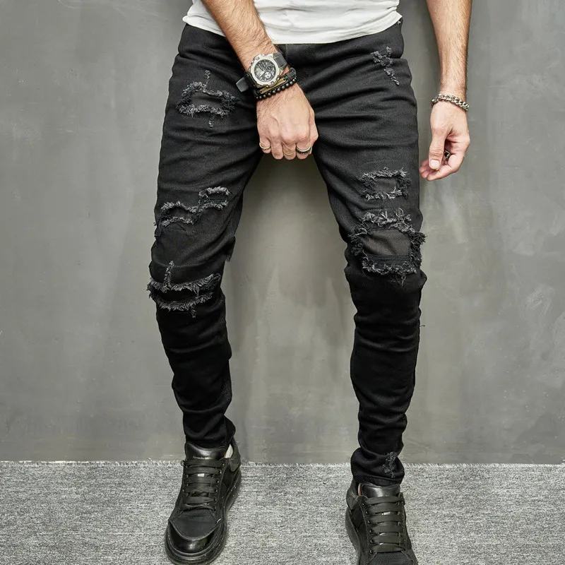 2024 Men's Stretch Skinny Jeans Hole & Patch Casual Jeans