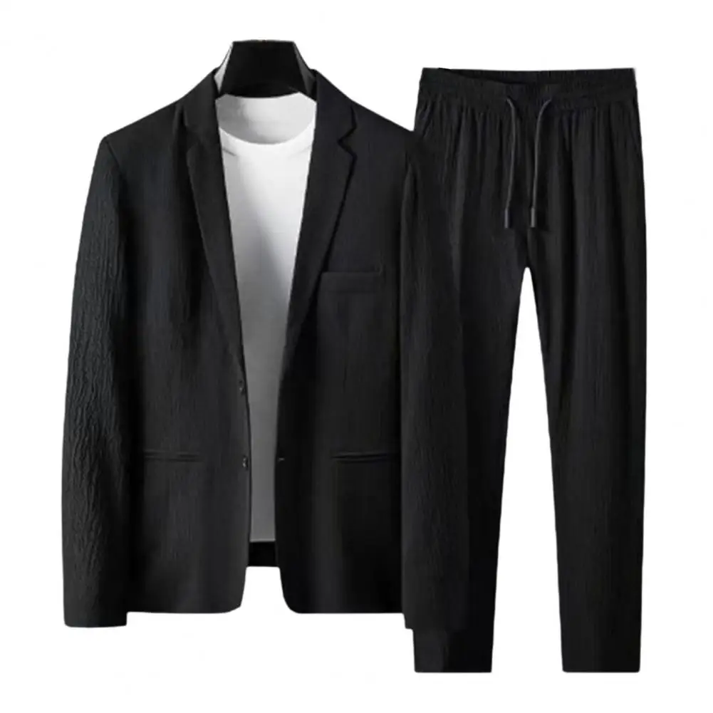 Simple Design Blazer Pants Lace-up Spring Summer Solid Color Jacket Elastic Waist Trousers Temperament Men Suit for Party