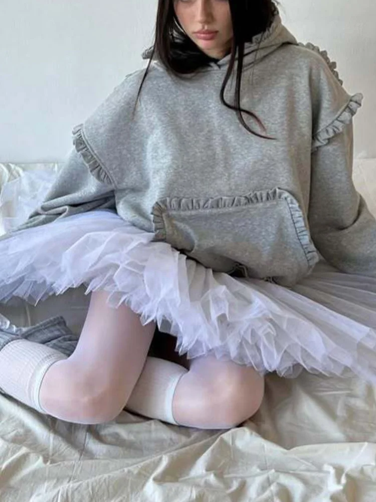 Autumn Winter Women Korean Sweet   Y2K  Casual Ruffle Trim Raw‑Edge Front Pocket Long Sleeve Cropped Hoodie