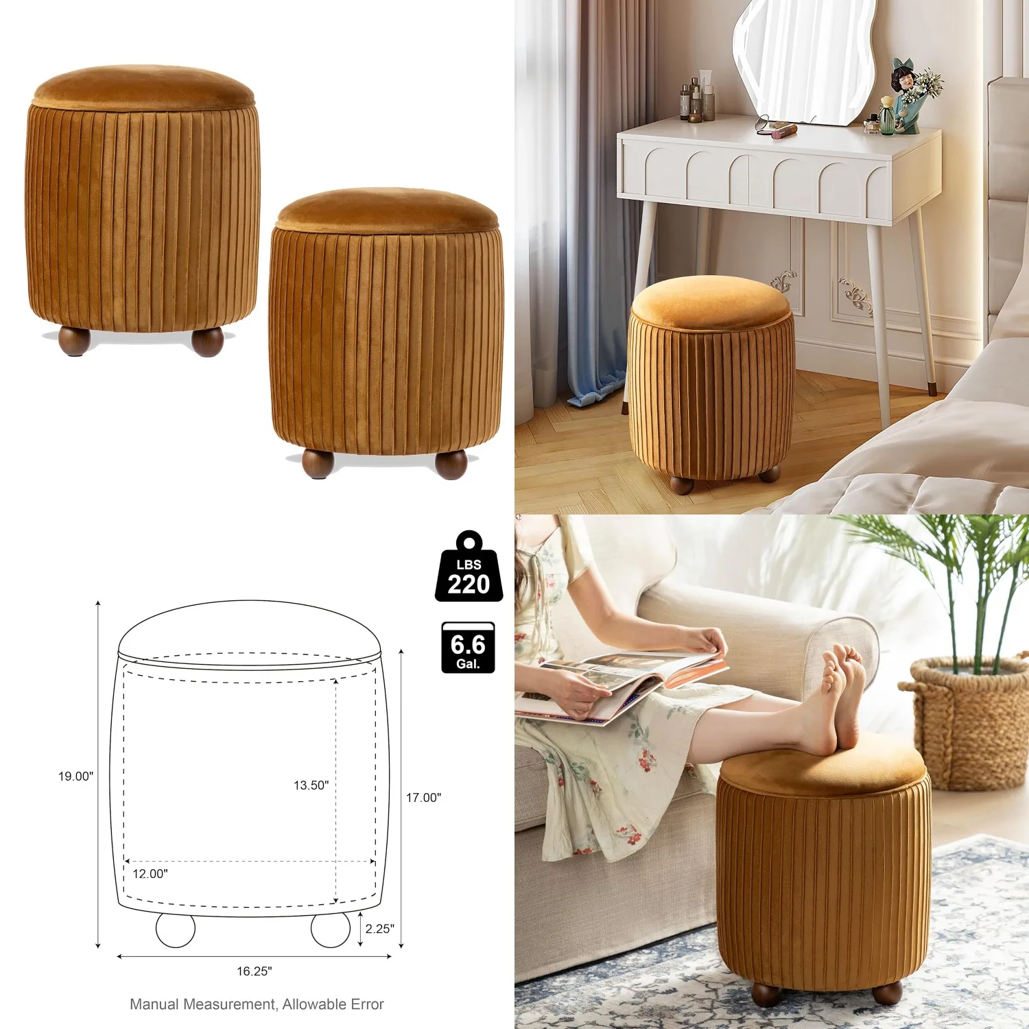 

Round Upholstered Velvet Storage Ottoman Set of 2 with Removable Lid Foot Rest Stool for Living Room Dorm,Customized