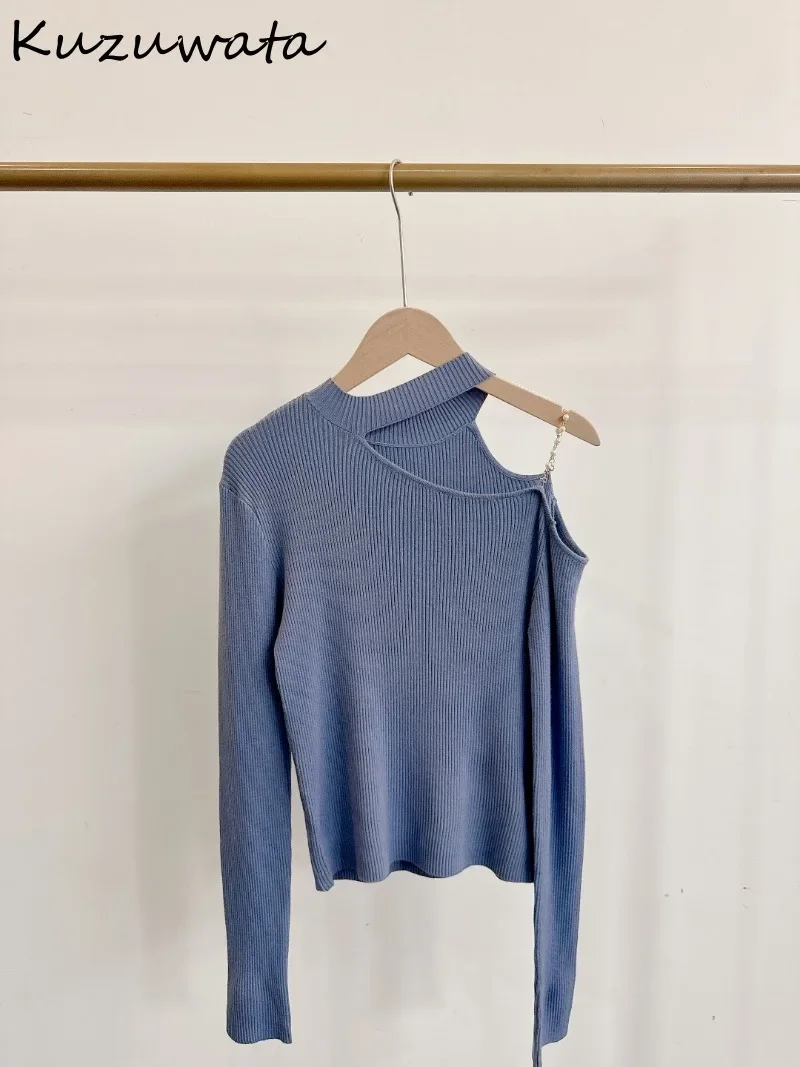 Kuzuwata Exquisite O Neck Off Shoulder Minority Sweaters Hollow Out Slim Knit All-match Pullover Japan Pearl Chain Elegant Tops