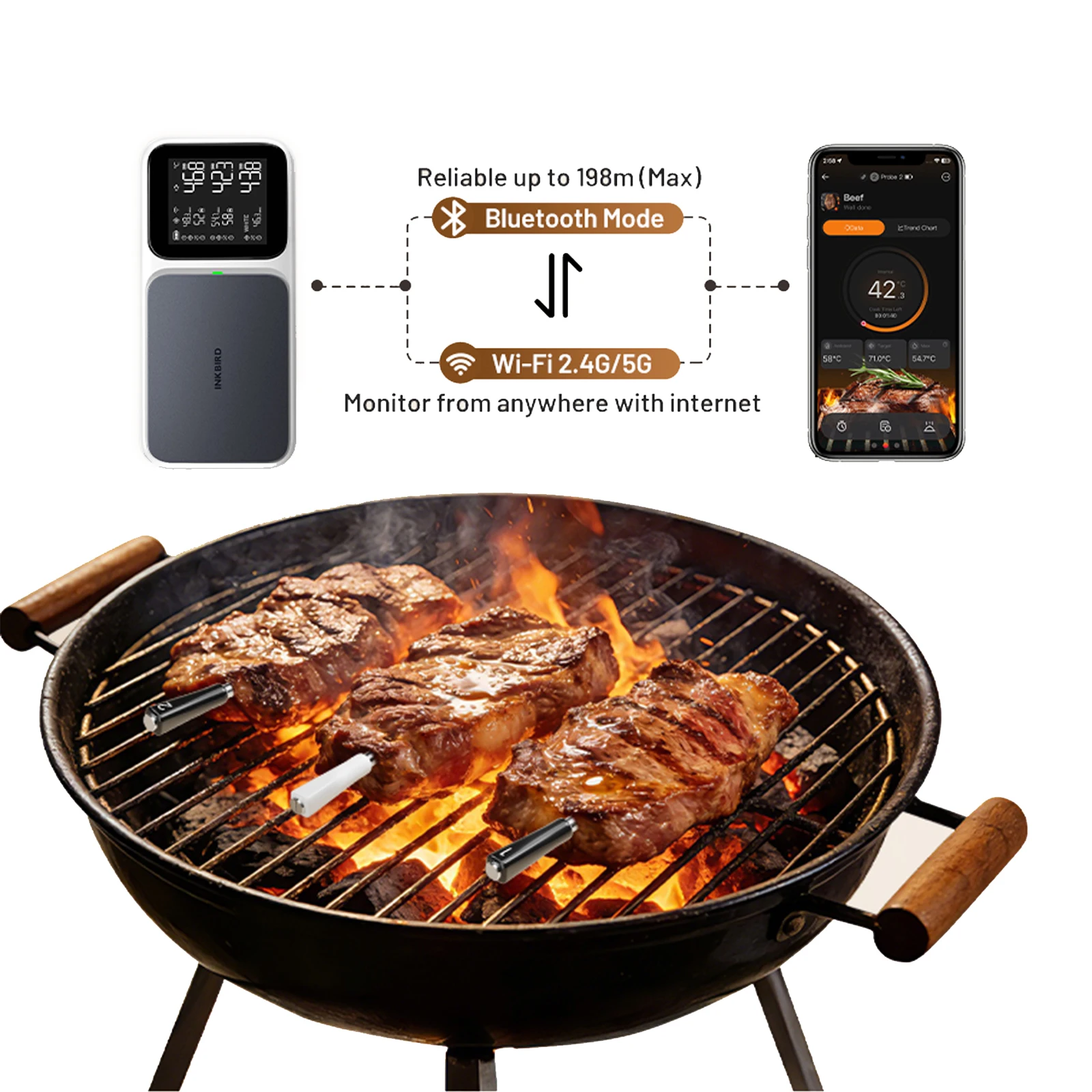 INKBIRD INT-33I-BW WiFi Bluetooth Meat Thermometer with 3 Multi-sensor Probes AI Real-time Calibration for Cooking Grilling