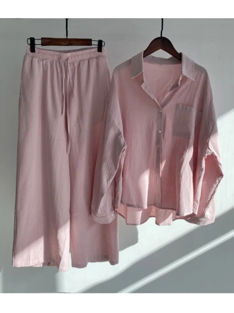 Spring Autumn Solid Color Pant Sets Women Long Sleeve Shirts Loose Wide Legs Trousers Two Piece Set Casual Lady Commuting Suits