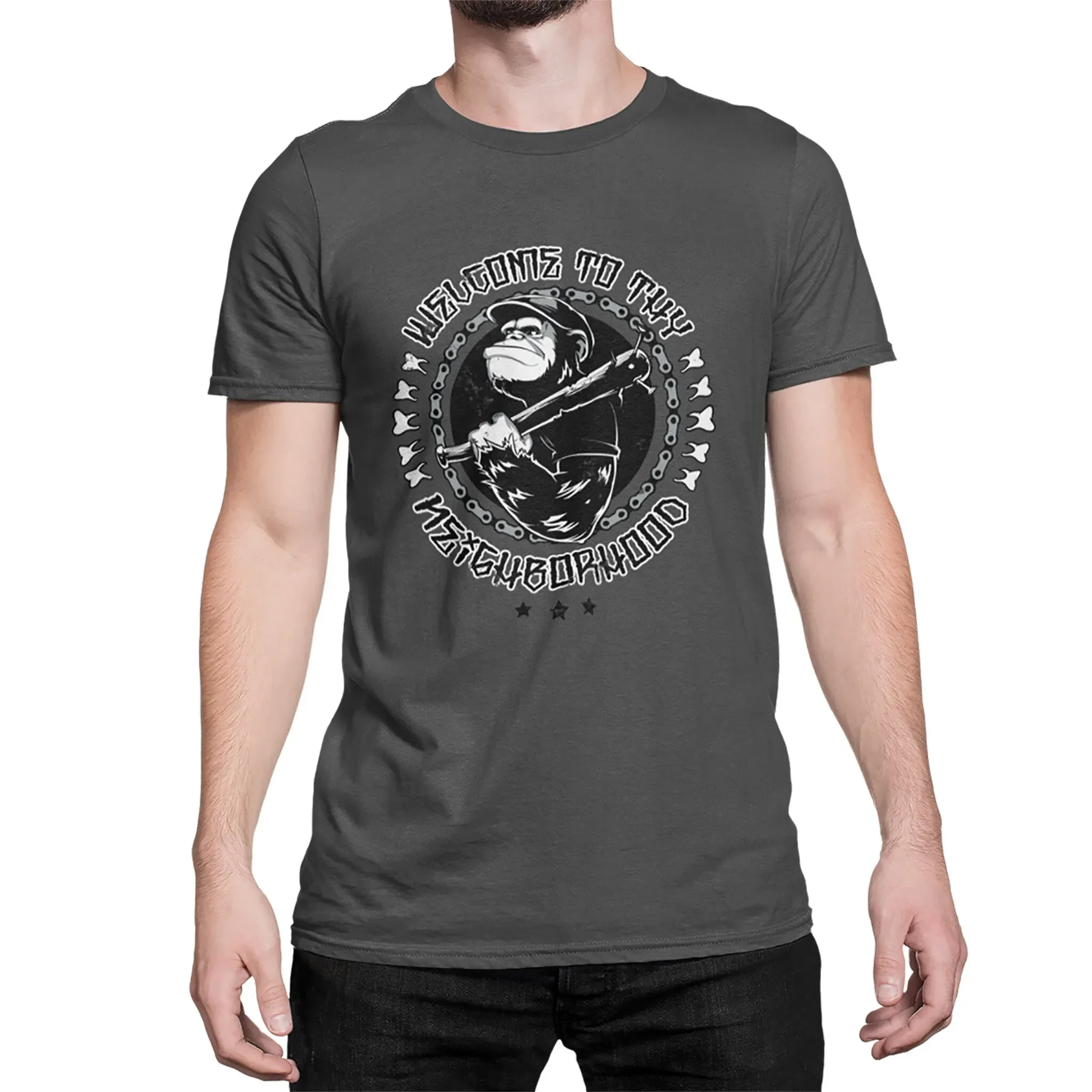 Modern Cut Men s T Shirt in Punk Style Motif Welcome to thy Neighborhood Grey Khaki Fight Cult Size 5XL