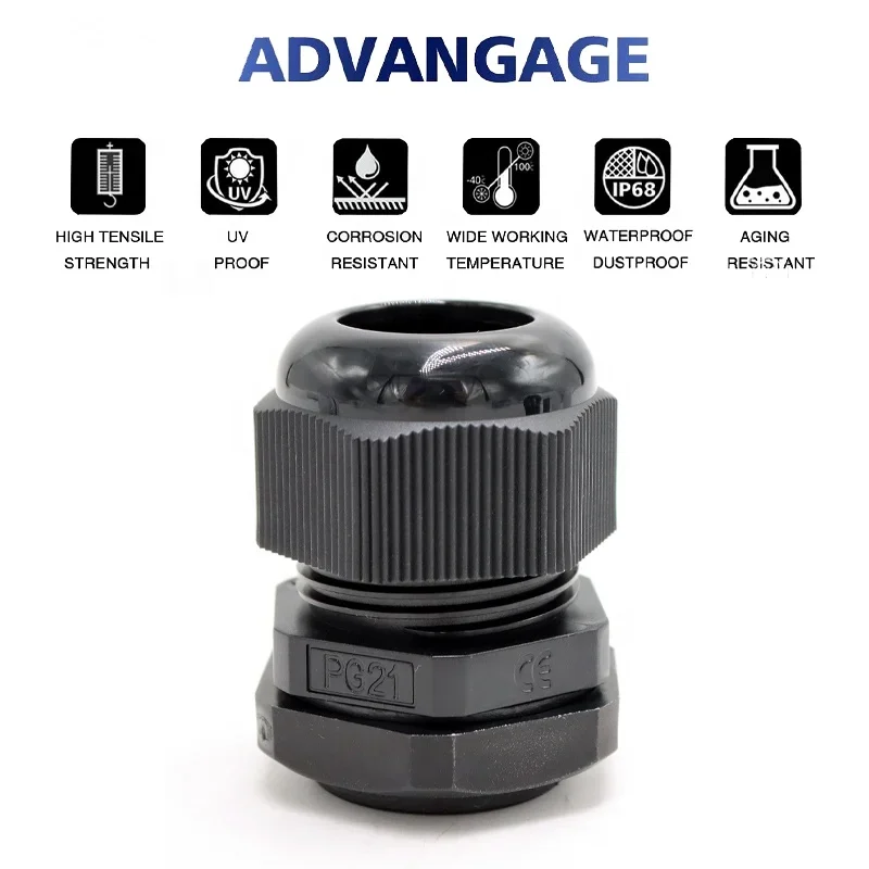 RND PG21 PA66 وصلة كابل نايلون IP68 وصلات كابل خيط مقاومة للماء تدعم موصل سلك صندوق توصيل بلاستيكي