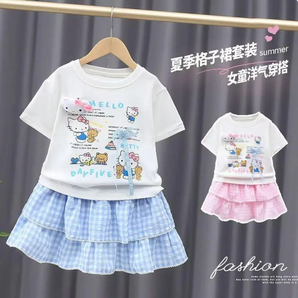 

Sanrio Hello Kitty комплект с короткими рукавами для девочек, мультяшная летняя новая футболка Ins, клетчатая короткая юбка, 2 шт., милые повседневные топы с принтом, брюки