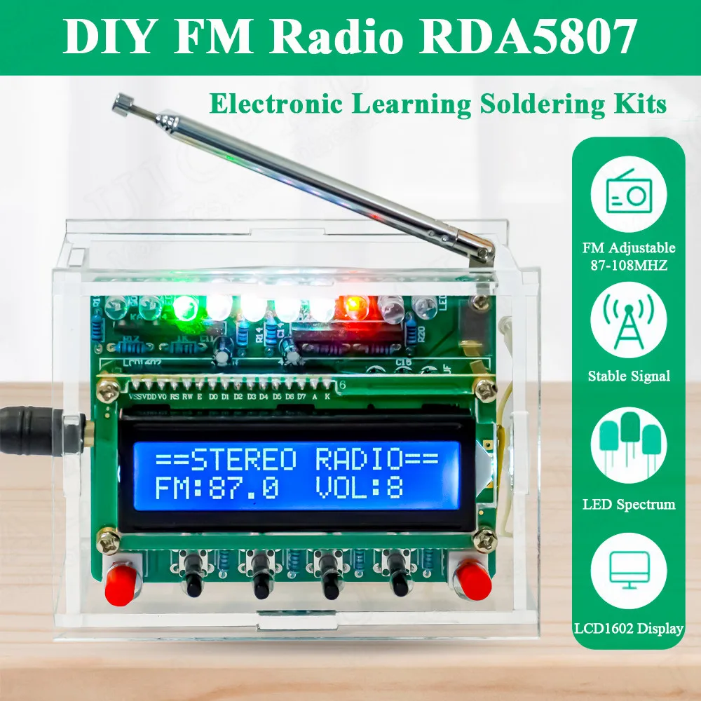 DIY FM Radio Electronic Kit Adjustable Frequency 87-108MHZ LCD1602 Display PCB Soldering Project Practice Solder RDA5807