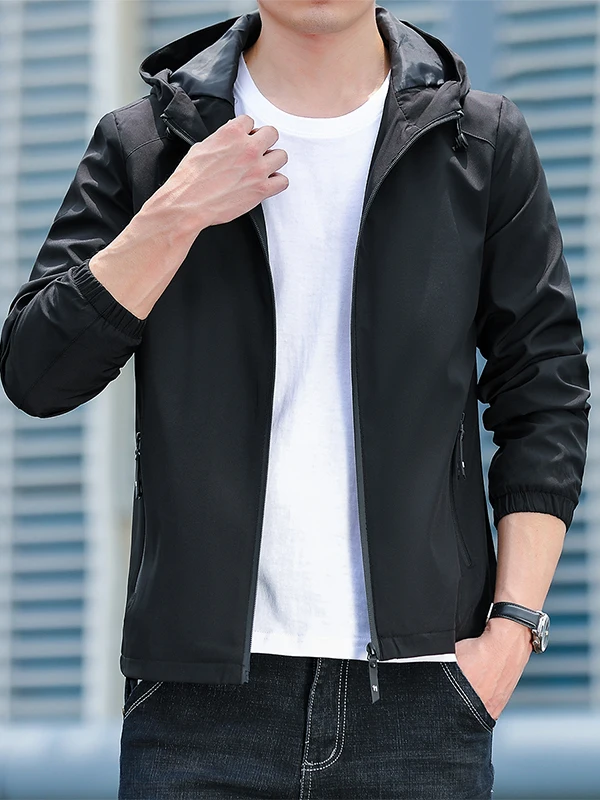 

Loose Fit Hooded Jacket Youth Casual Outerwear Spring Autumn Pure Color Thin Model Polyester Fiber Long Sleeve Zipper Closure