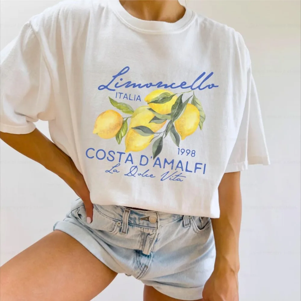 Camiseta gráfica Limoncello La Dolce Vita para mujer, camiseta Retro de algodón con estampado de limón, camiseta italiana, camiseta femenina con estética costera de la costa de Amalfi