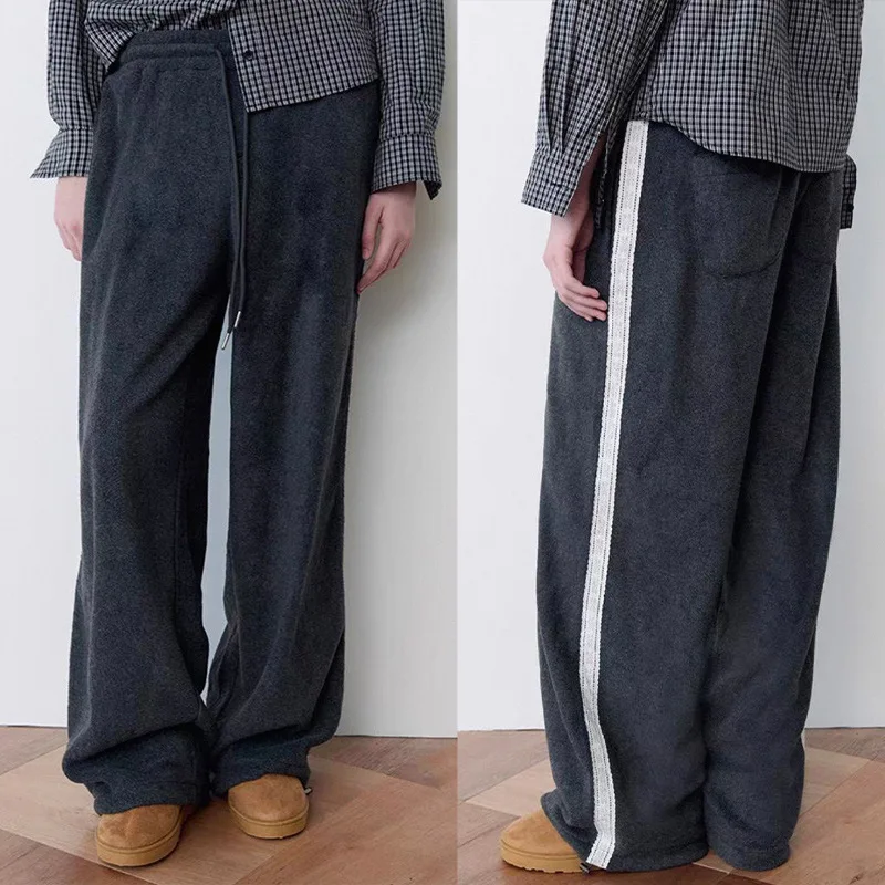 Women's flannel casual pants with drawstring design, sporty and casual wide leg pants