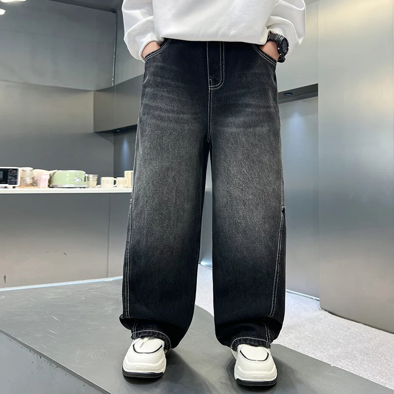 Spring Fall Children Loose Straight Distressed Jeans Trousers for Tween Boys Age 5 To 14 Years Kids Casual Black Denim Pants