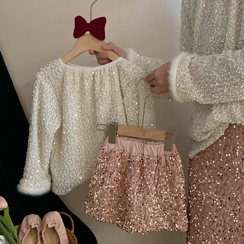 Girls Pink Skirt 2024 Spring Korean Version Autumn New Girls Sweet High-grade Sequin Skirt European Fashion Style Clothes