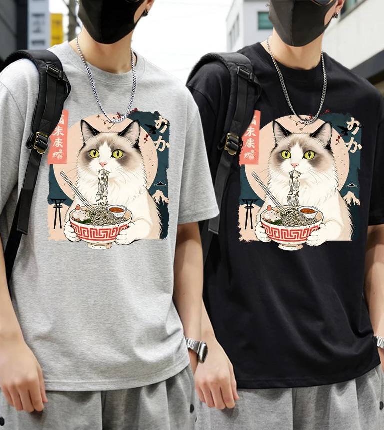 

Puppet Cats Who Like To Eat Lamian Noodles Print Mens Summer Casual Tops Suits Cotton Street T-Shirts Vintage Fashion Clothing