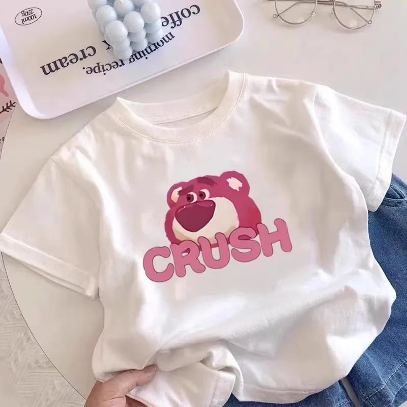 

Children Korean Style Fashion Lotso Print Graphic T Shirts Summer New Sexy Short White Y2k Tops Aesthetic Versatile Streets Tops