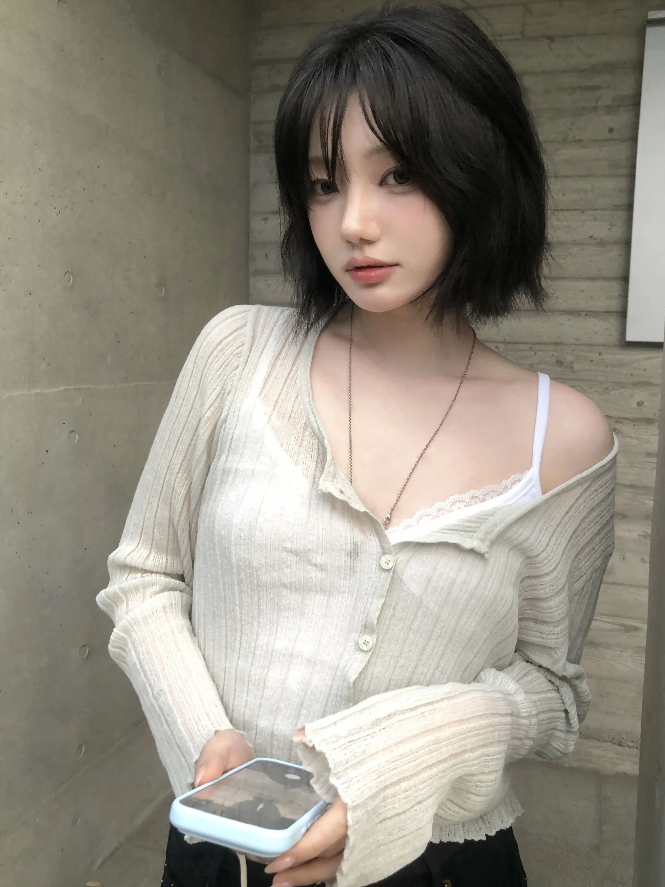 

Korean Style Long Sleeve Knitted Open Cardigan Women's Thin Strip Design Pure Color Sun Protection Top Youthful Look