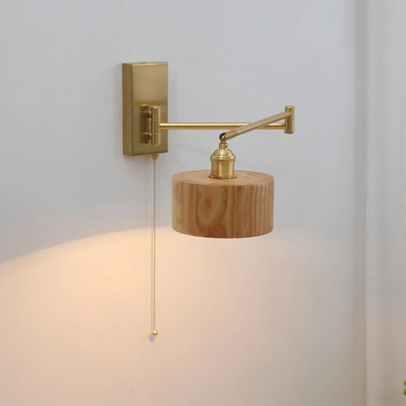 American Black Walnut Long Pole Wall Lamp Nordic Bedroom Bedside Lamps Study Homestay Drawstring Switch Rotatable Bracket Light