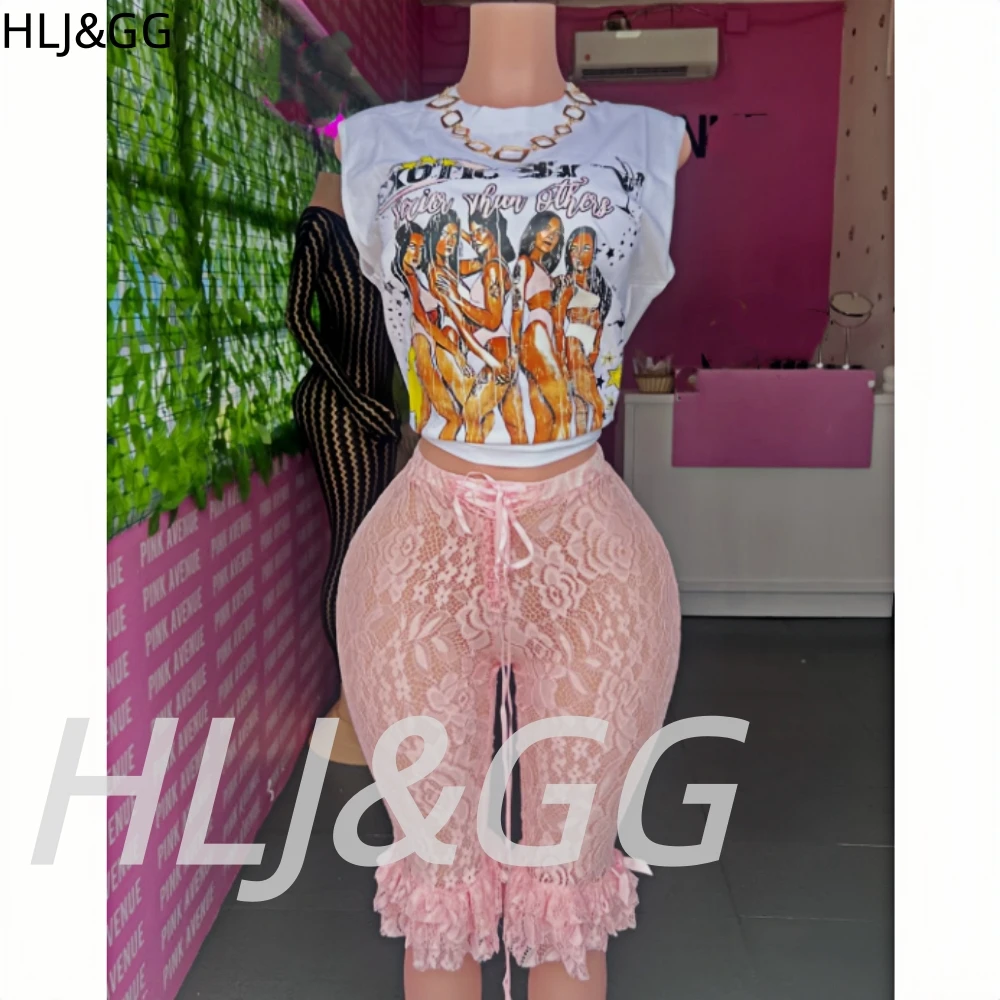 HLJ&GG Y2K Fashion Pattern Print American Style Two Piece Sets Women Round Neck Sleeveless Top + Denim Shorts Outfits Streetwear