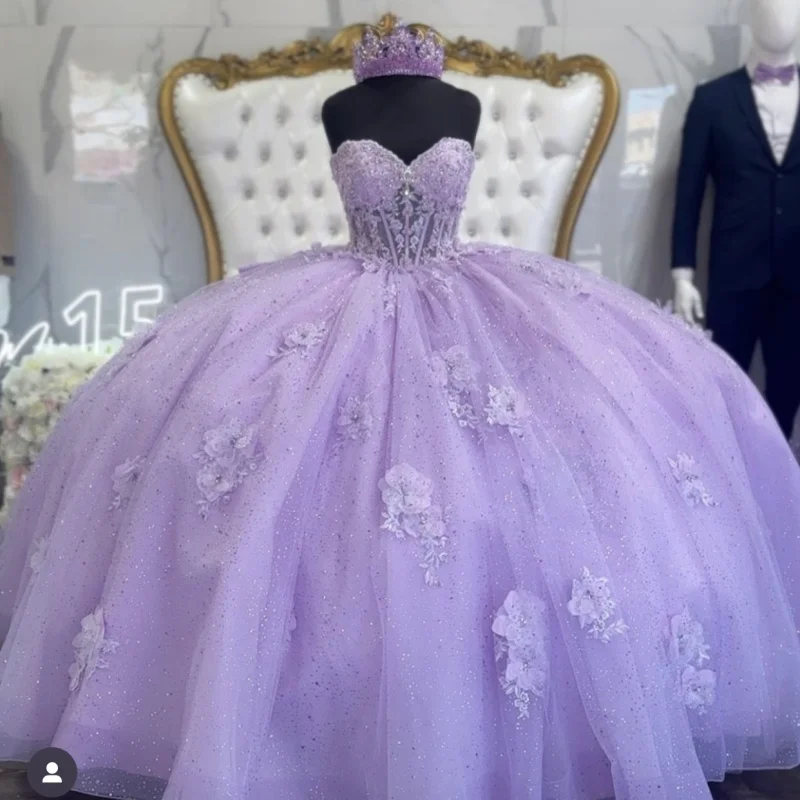 

Purple Quinceanera Dresses Glitter 3D Flowers Bow Beads Appliques Ball Gown Long Brithday Dance Party Vestidos De Quinceañera