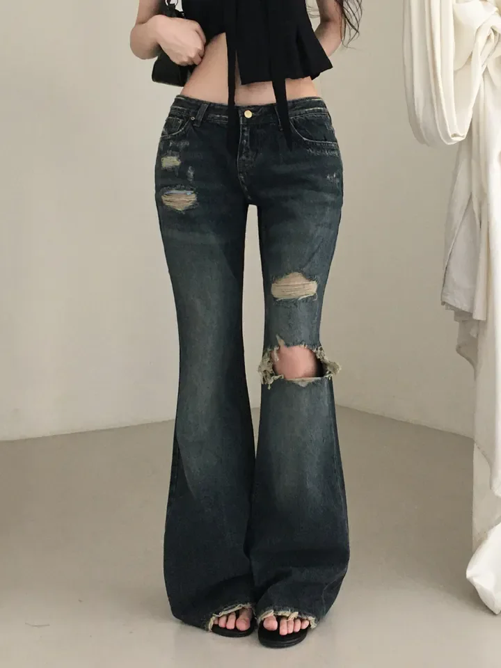 High Waist Micro Flare Denim Jeans Women's Vintage Faded Slimming White Washed Frayed American Casual Long Pants