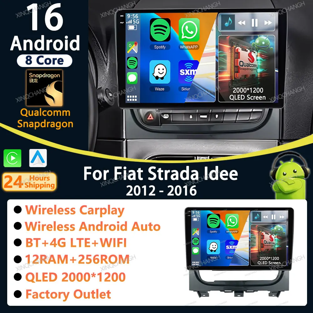 Rádio Automotivo Android 16 com Carplay Auto para Fiat Strada Idea 2012 - 2016, Painel de Vídeo, Acessórios para Player, Estéreo 2 DIN, Áudio DIN