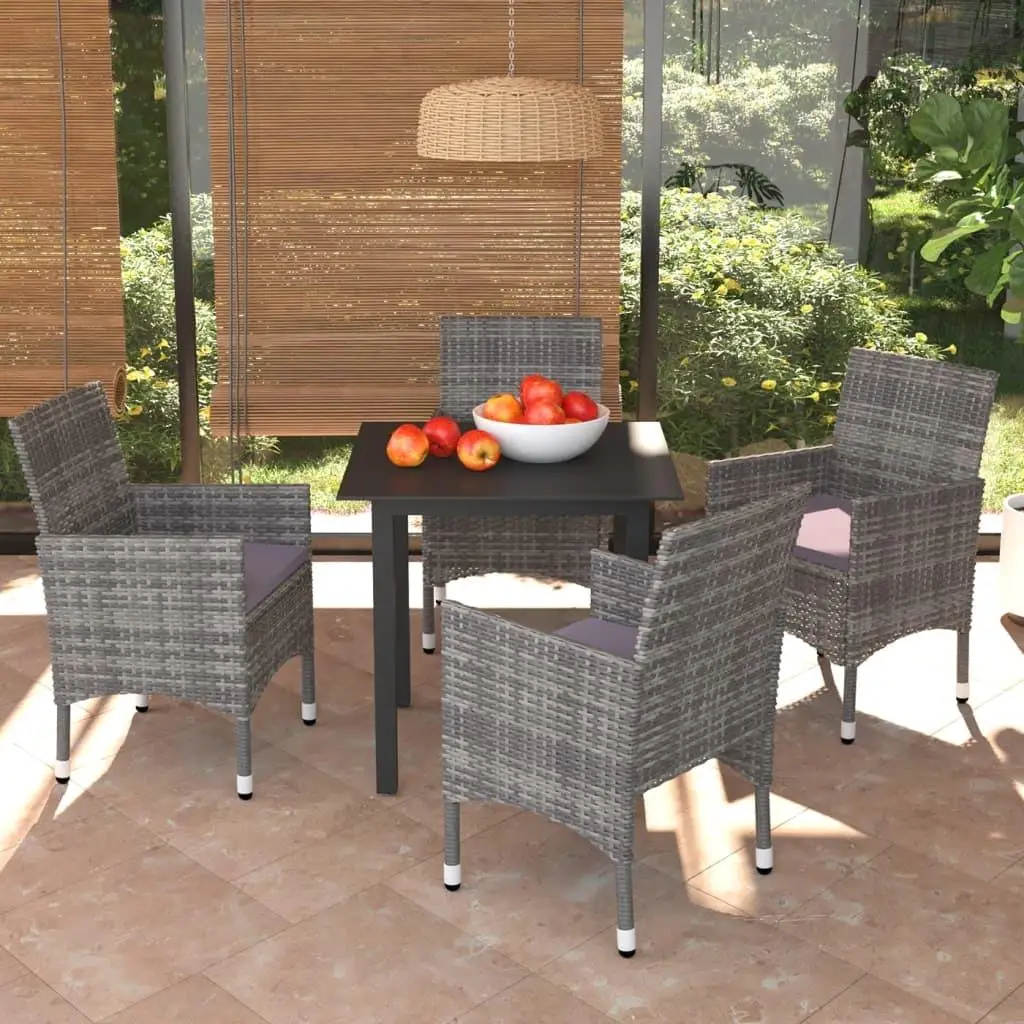 5-Piece Gray Poly Rattan Patio Dining Set with Cushions for Outdoor Comfort