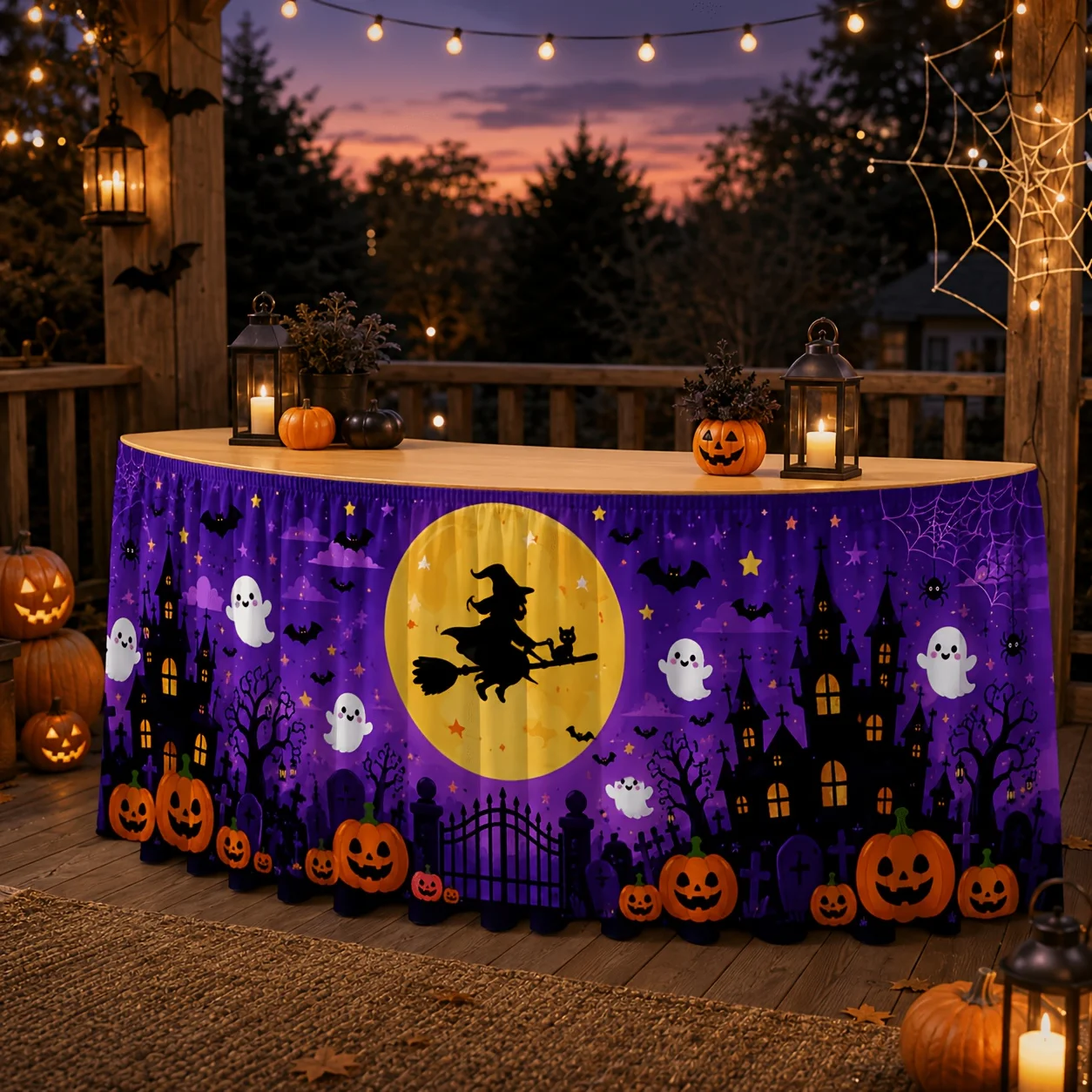 One tablecloth or table skirt. Cartoon Halloween table skirt pattern. Flying witches on brooms with ghosts.zyc