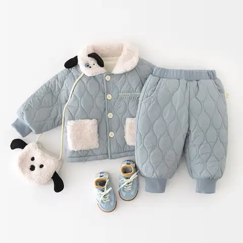 2025 Winter New Baby Warm Clothes Set Boys Girls Cute Lapel Padded Jacket + Pants 2pcs Suit Plus Velvet Thick Infant Outfits