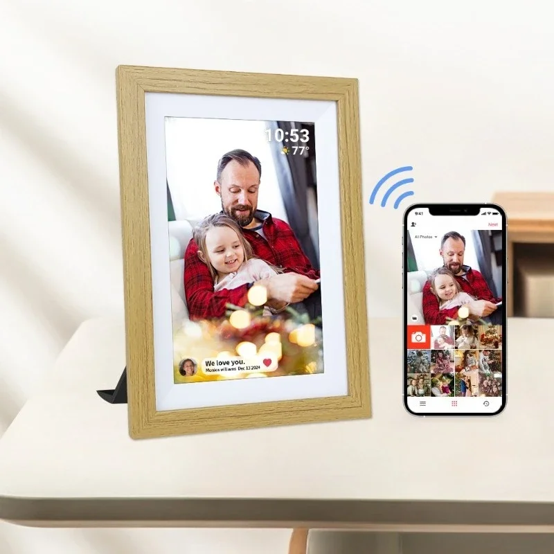 10-Inch IPS full-view display touch screen WiFi digital photo frame, smart wooden frame, cloud photo frame