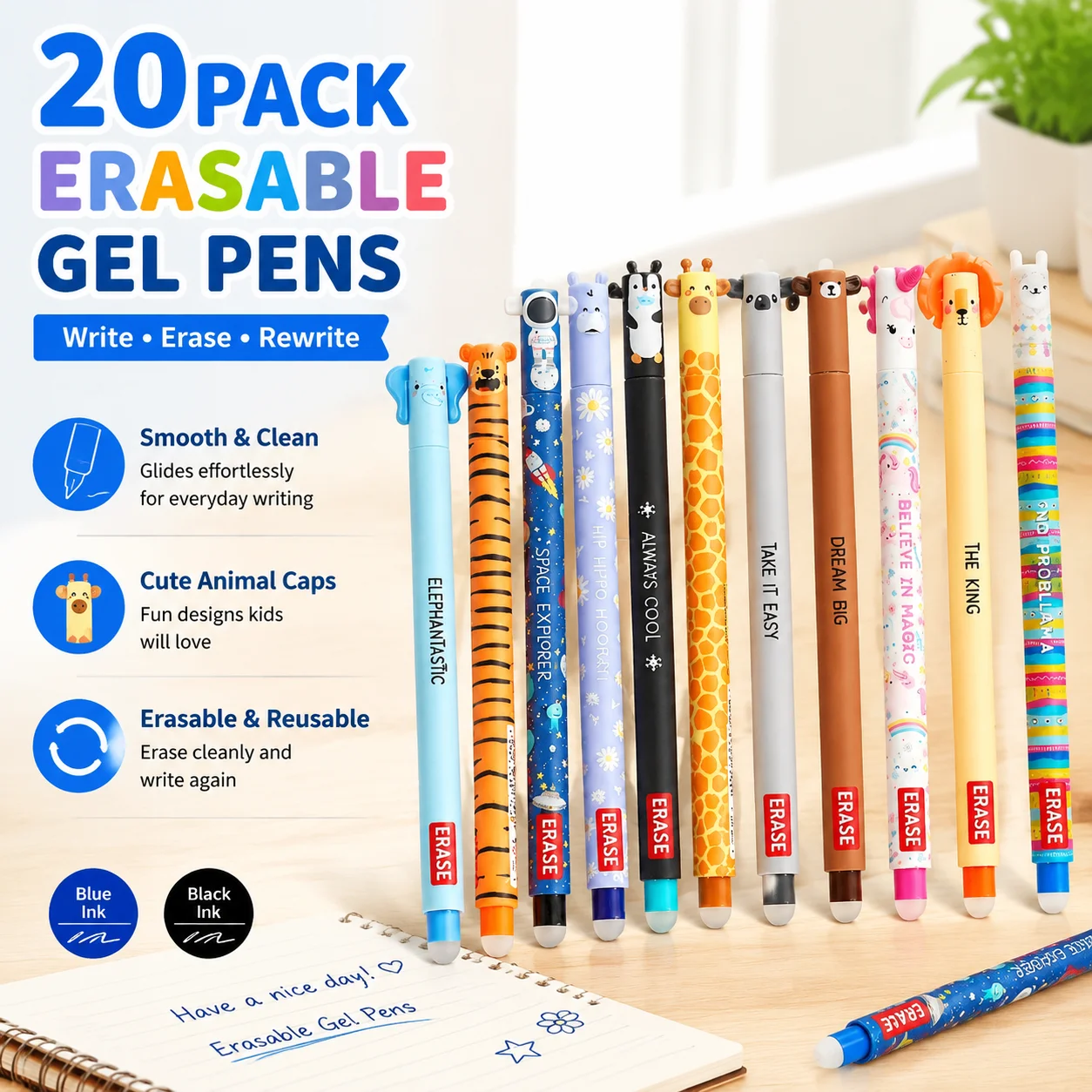 20 Pack Erasable Gel Pens 0.7mm Cute Animal Cartoon Cap Reusable Friction Removable Ink Writing Stationery for Kids School