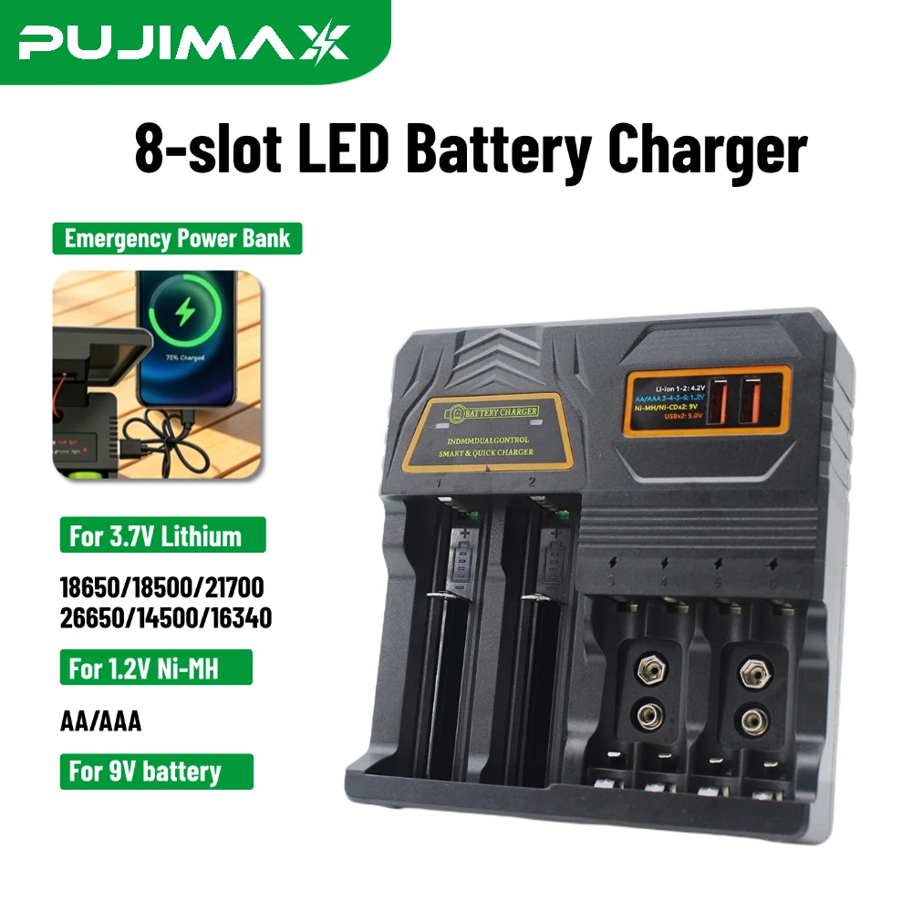 PUJIMAX MS-5D421529 8 Slot Battery Charger Independent Channel 3.7V Li-ion 18650/21700/26650/18500/14500/16340 1.2V AAA NiMH 9V