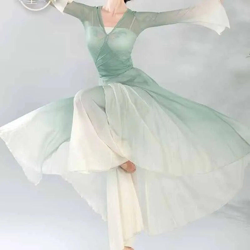 Trajes de actuación de bailarina clásica, cárdigan elegante, ropa de práctica, Rima corporal larga, gasa exterior, estilo chino, baile folclórico