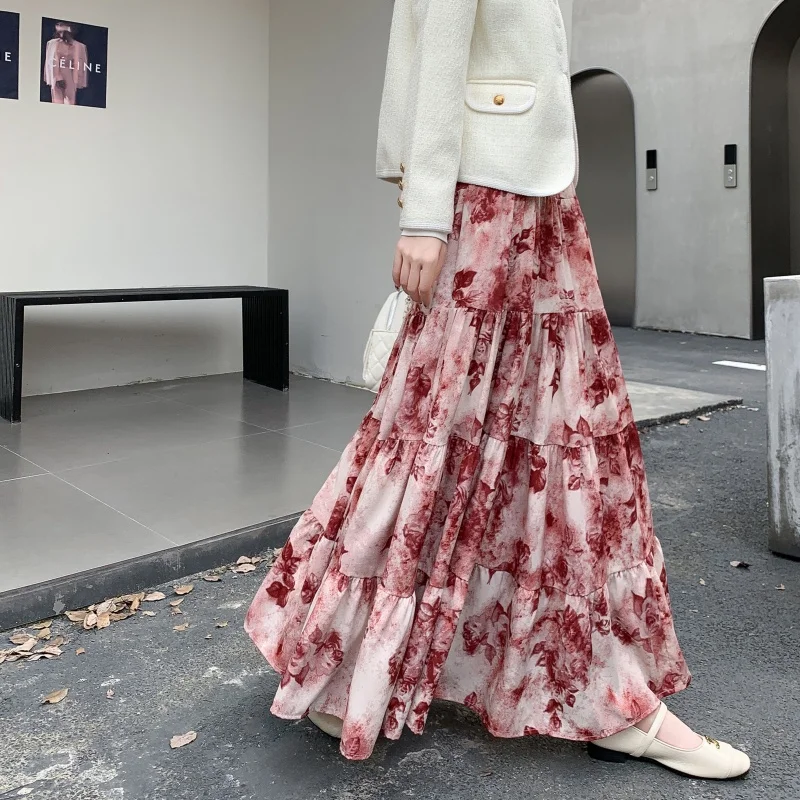 Retro Tie-dye Ink Wash Print Red Chiffon A-line Skirt Elastic High-waist Tiered Cake Skirt Women's New Autumn Trendy Midi Skirts