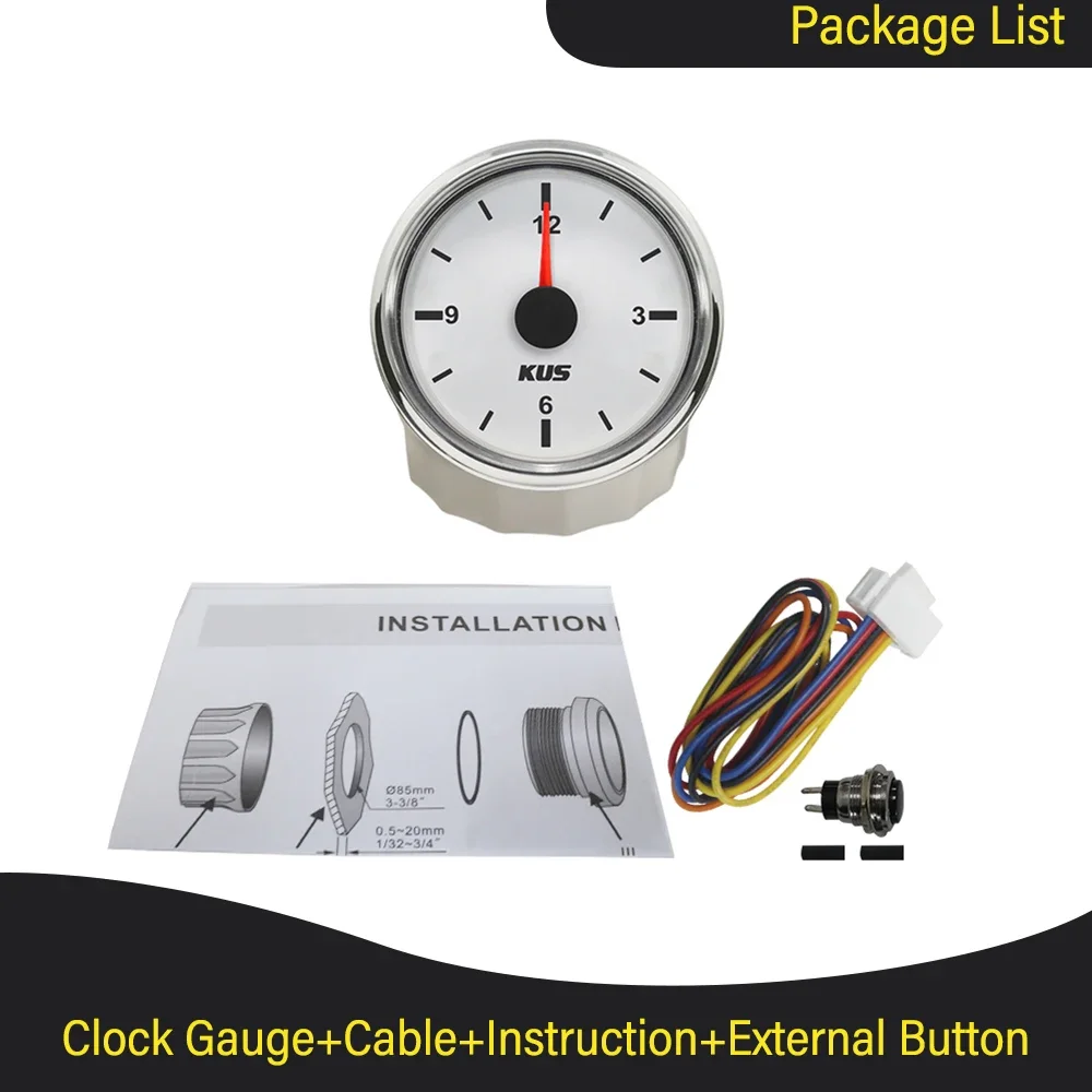 KUS Car Boat Motorcycle Universal 52mm 2Inch Clock Meter Clock Gauge 12-Hour with Red Backlight