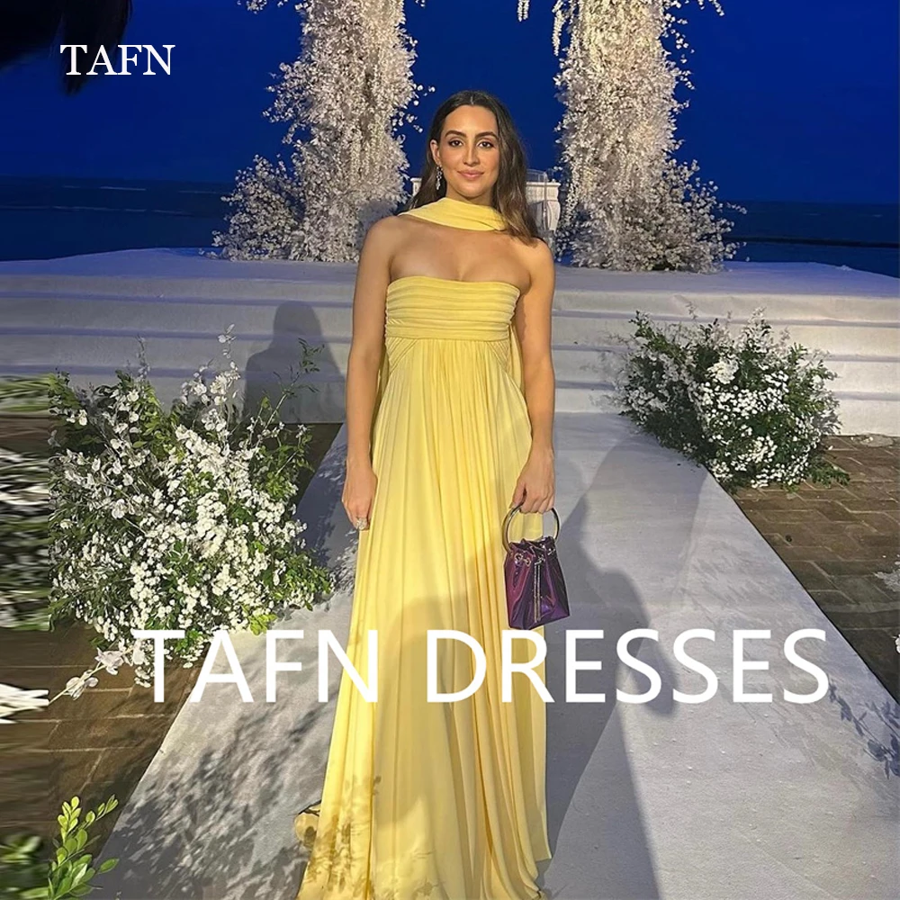 

TAFN Strapless Yellow Chiffon Evening Party Dresses For Women Arabic Wedding Party Formal Gowns Prom Dress Bridesmaid Customized
