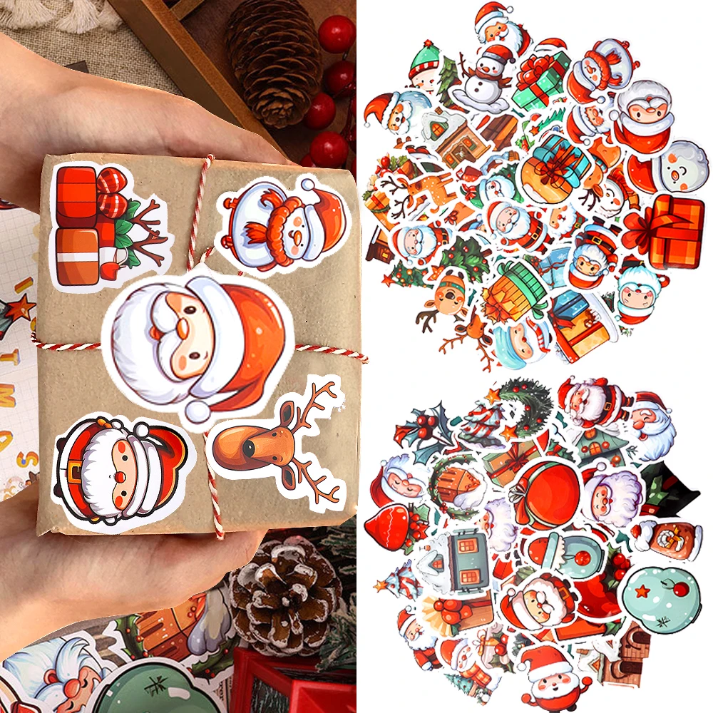 Santa claus snowmanパターンクリスマスステッカー、xmasの木の装飾的なパスター、ギフトボックス、家の部屋の装飾、50個