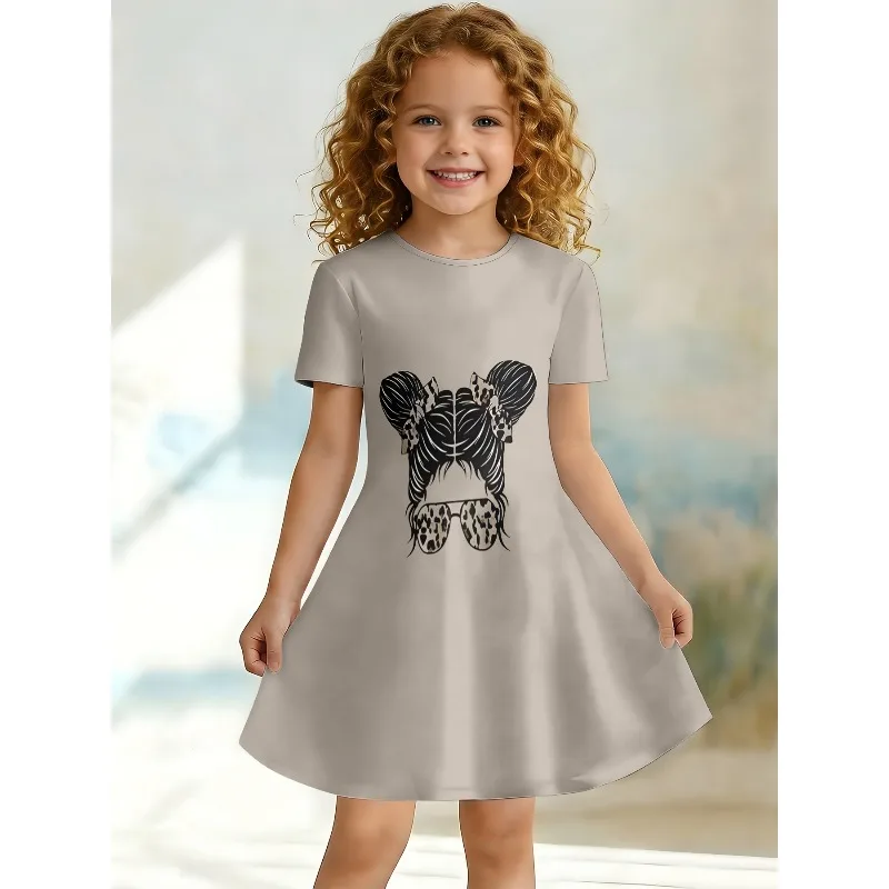 Little Girls Leopard Bun Girl Simple Number 67 Ice Cream Drip Print Round Neck Short Sleeve A-Line Kids Summer Swing Dress