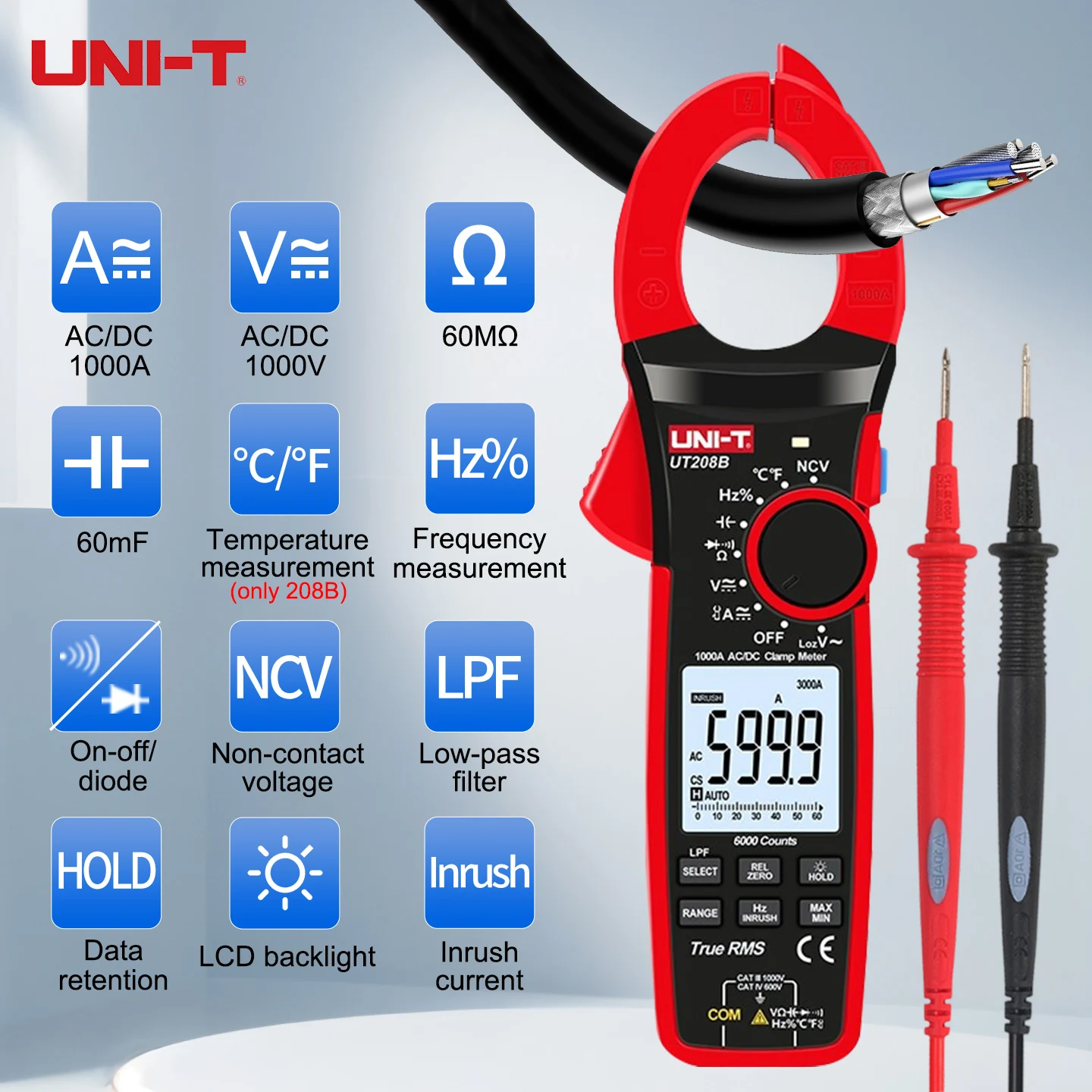 UNI-T Digital Clamp Meter 1000A AC/DC True RMS, Inrush Current LPF NCV Temp 60mF Electrical Multimeter for Circuit Testing