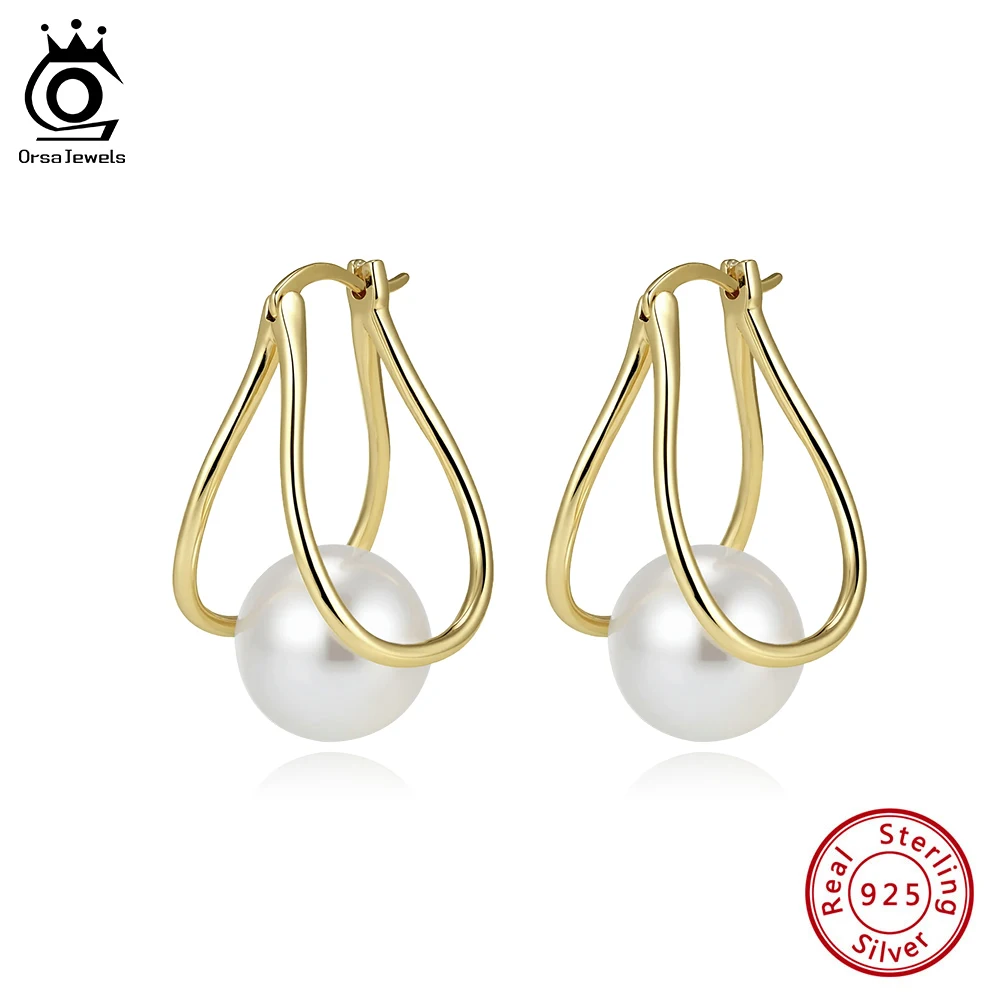 

ORSA JEWELS Fashion Shell Pearl Hoop Dangle Earrings 925 Sterling Silver Elegant Versatile 12mm Shell Earrings Daily Gift PSE06