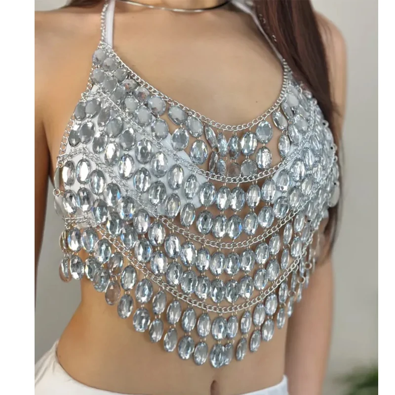 Handmade Silver Festival Body Chain Sexy Backless Women Crystal Beaded Bra Top Harness Bralette Rhinestone Crop Top