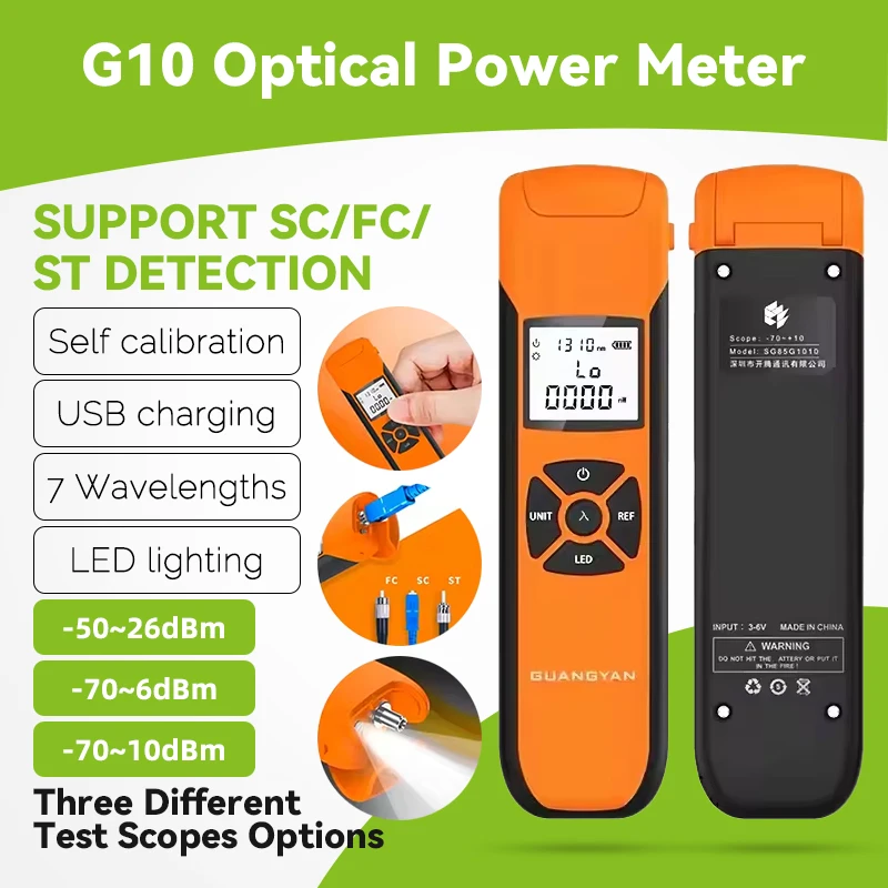 G10 Optical Power Meter High Precision Rechargeable Battery FTTH Fiber Optic Power Meter with Flash Light OPM FC/SC/ST