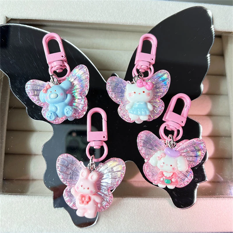 1PC Sanrio Cartoon Butterfly Kt Cat Animal Keychain Pendant For Women Girls Cute Keyring Backpack Decoration Accessories