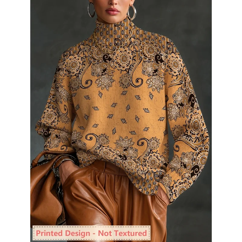 Women's Vintage Paisley Print Turtleneck Sweater Long Sleeve Knit Pullover Loose Casual Warm Autumn Winter Fashion Jumper Top