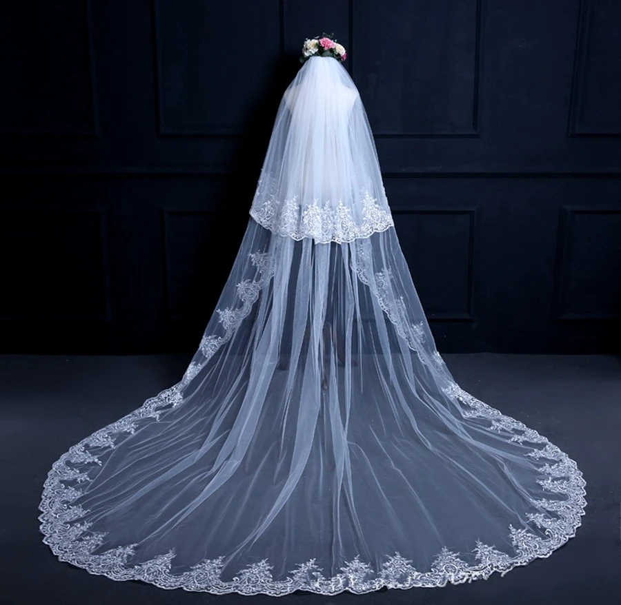 

New Arrival White Ivory Long Bridal Veils Cathedral Length Two Layers Bride Velo de novia Bridal Veil voile de la mariée