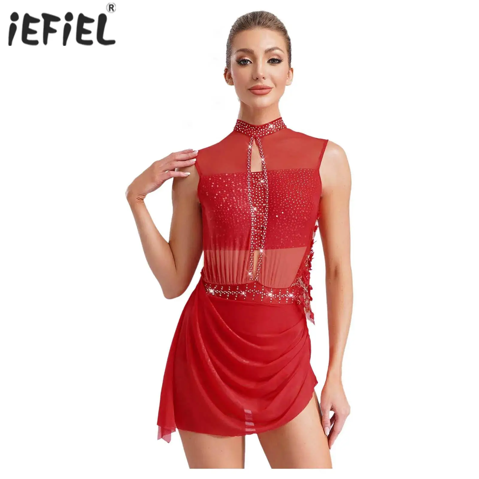 

Женское гимнастическое художественное платье для фигурного катания, балетный лирический танцевальный костюм, блестящие стразы, прозрачная сетка, накладка, танцевальный костюм